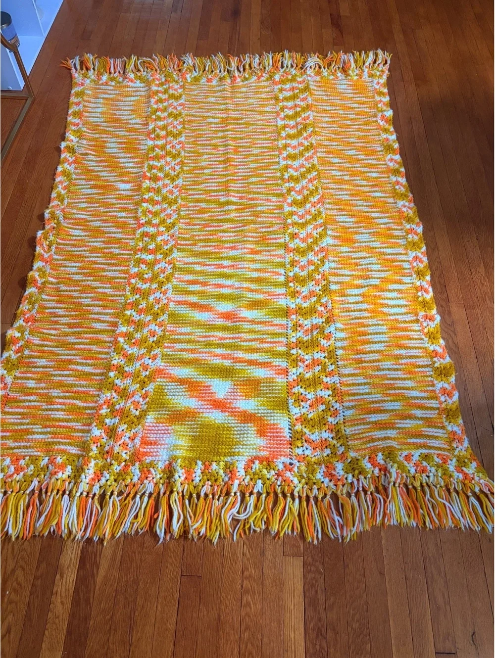 Handmade Crocheted Afghan Throw Blanket 45x65 Orange Mustard White Fringe Boho